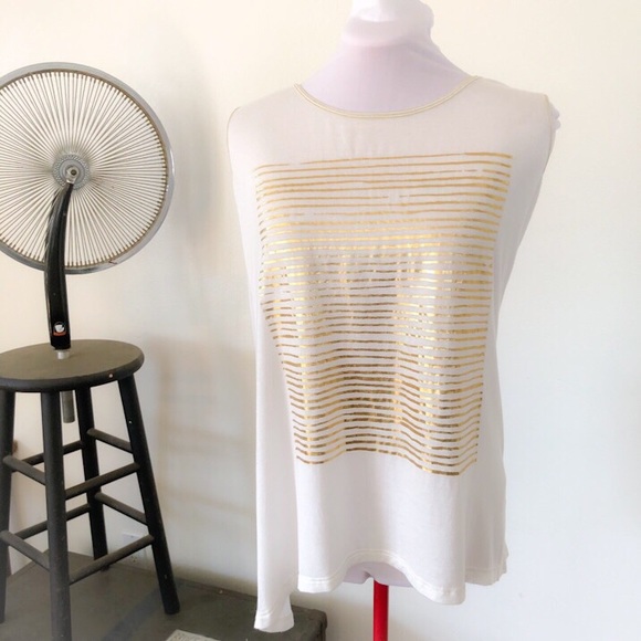 Vanilla Sugar Tops - Asymmetrical White Muscle Tee with Gold Stripes